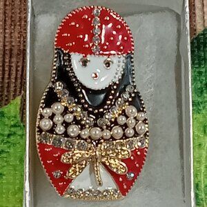 Lady Matryoshka Doll Style PIN Brooch Rhinestone Enamel Dragonfly Golden Pearly